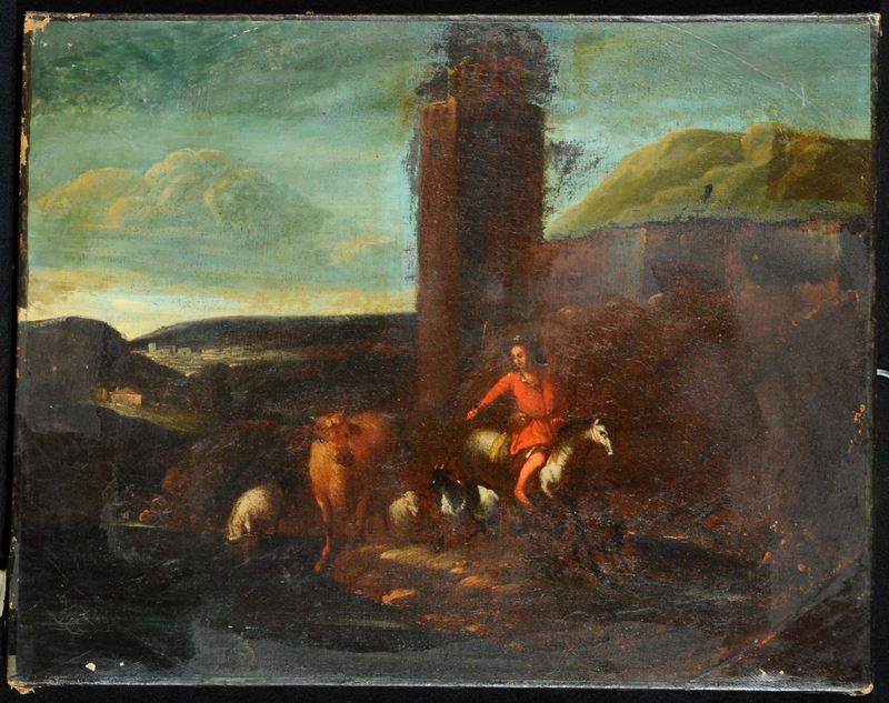 Scuola del XVIII secolo Paesaggio con pastorelli  - Auction Antiquariato, Argenti e Dipinti Antichi - Cambi Casa d'Aste