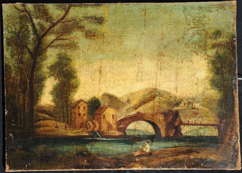 Scuola del XIX secolo Paesaggio con ponte  - Auction Antiquariato, Argenti e Dipinti Antichi - Cambi Casa d'Aste