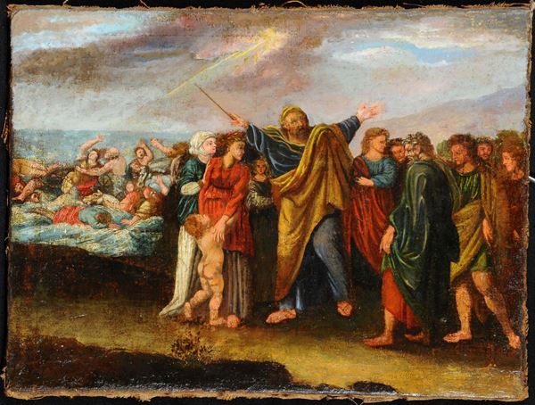 Scuola del XVIII secolo Mos apre le acque del Mar Rosso