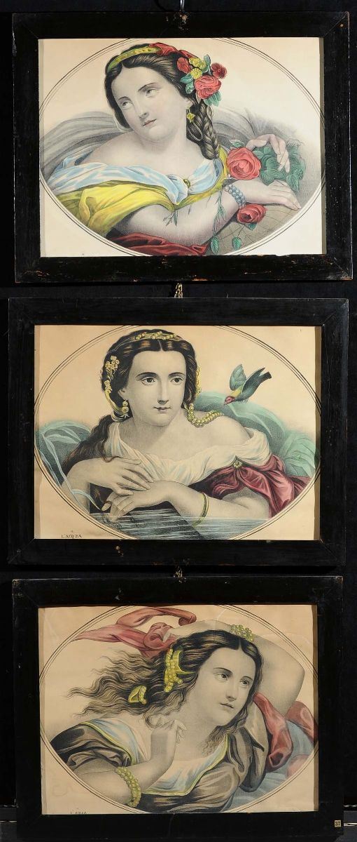 Tre litografie raffigurente gli elementi acqua, aria e terra  - Auction Antiquariato, Argenti e Dipinti Antichi - Cambi Casa d'Aste