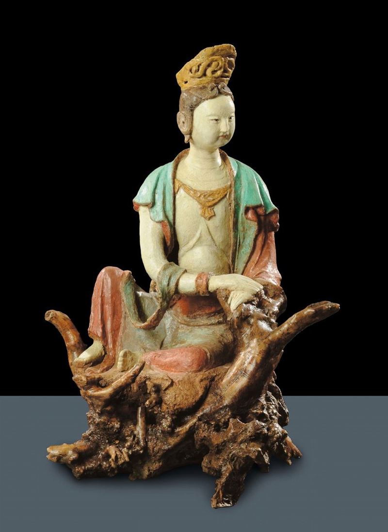 Guanyin in radice e stucco, Cina XVIII secolo  - Auction Oriental Art - Cambi Casa d'Aste