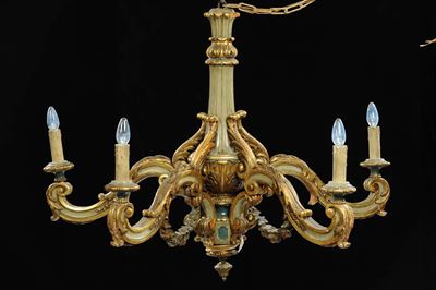 Lampadario in Legno a Cinque Luci in Legno Intagliato e Laccato, Inizio XX Secolo