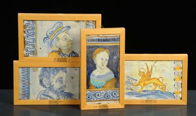Quattro Piastrelle in Terracotta Maiolicata, Sicilia Inizio XIX Secolo