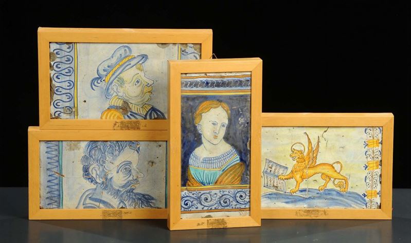 Quattro piastrelle in terracotta maiolicata, Sicilia inizio XIX secolo  - Auction OnLine Auction 12-2011 - Cambi Casa d'Aste