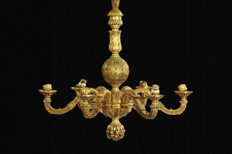 Lampadarietto in bronzo dorato a sei luci, XIX secolo  - Auction Antiquariato, Argenti e Dipinti Antichi - Cambi Casa d'Aste