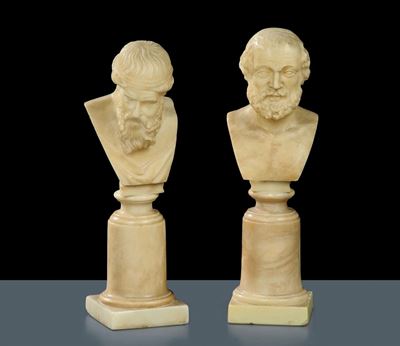 Coppia di Bustini in Marmo Bianco Raffiguranti Filosofi, XIX Secolo