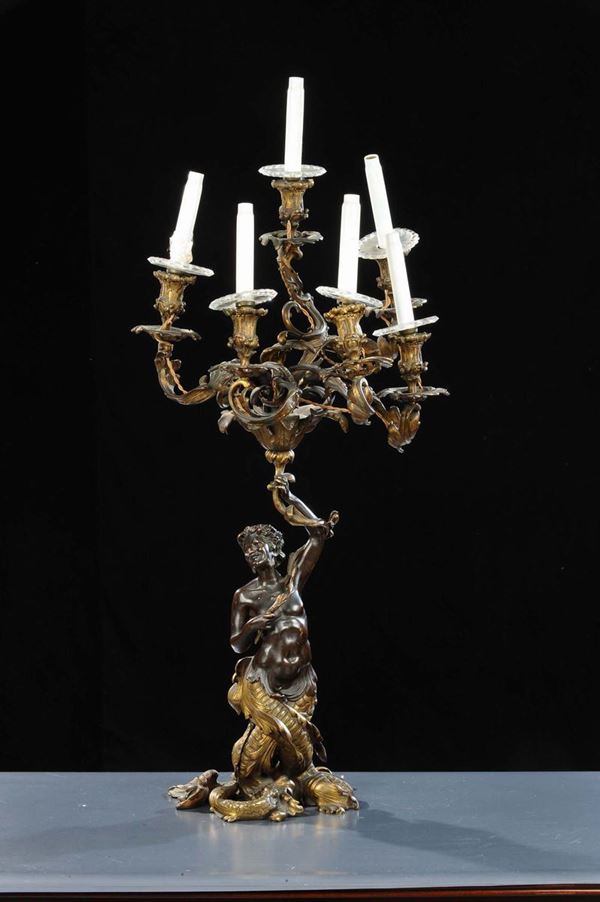 Candeliere in bronzo brunito a sei luci, inizio XIX secolo