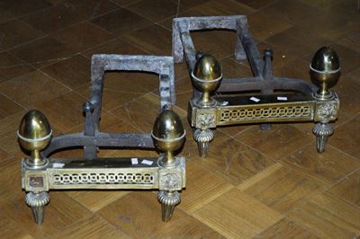 Coppia di Alari in Ferro Battuto e Bronzo Dorato