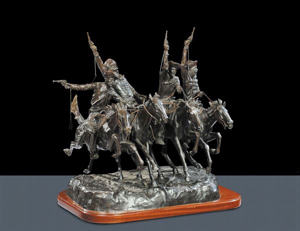 Gruppo brunito in bronzo raffigurante cavalieri, XIX secolo