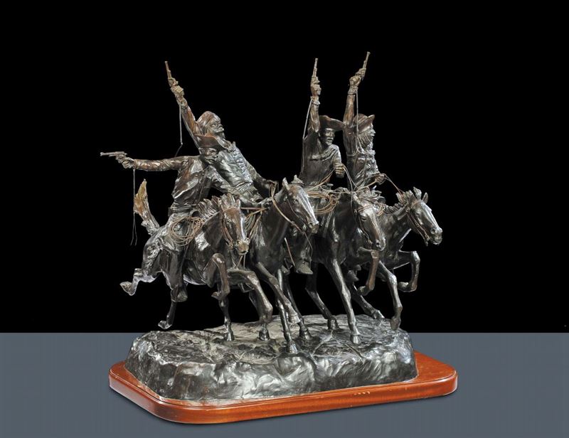 Gruppo brunito in bronzo raffigurante cavalieri, XIX secolo  - Asta Antiquariato, Argenti e Dipinti Antichi - Cambi Casa d'Aste