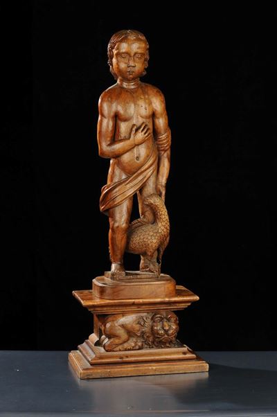 Scultura in Legno Intagliato Raffigurante Bimbo con Aquila, XX Secolo