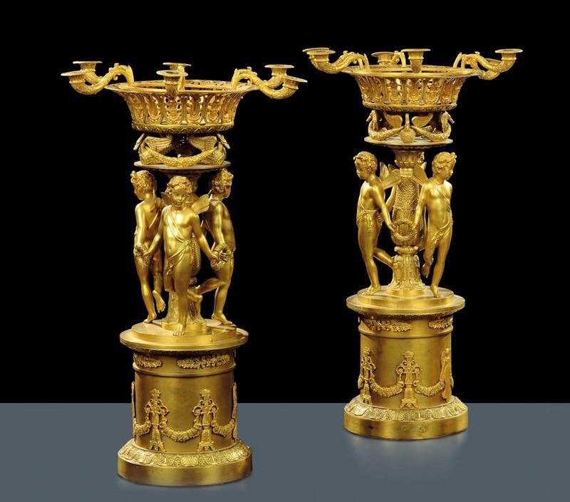 Coppia di centrotavola in bronzo dorato, Francia XIX secolo  - Auction Antiquariato, Argenti e Dipinti Antichi - Cambi Casa d'Aste