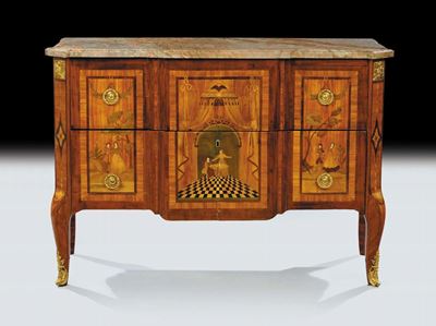 Commode di Epoca Transizione Luigi XV- Luigi XVI Intarsiato in Legni Pregiati, Francia, 1765-1775