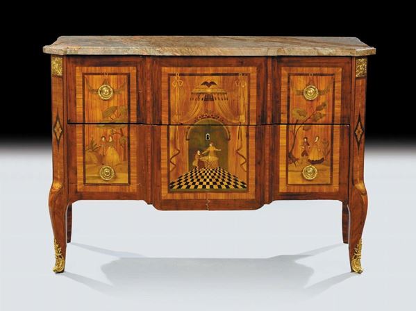 Commode di epoca Transizione Luigi XV- Luigi XVI intarsiato in legni pregiati, Francia, 1765-1775