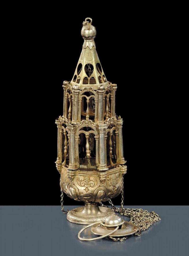 Turibolo architettonico in argento, Napoli XVI-XVII secolo  - Asta Antiquariato, Argenti e Dipinti Antichi - Cambi Casa d'Aste