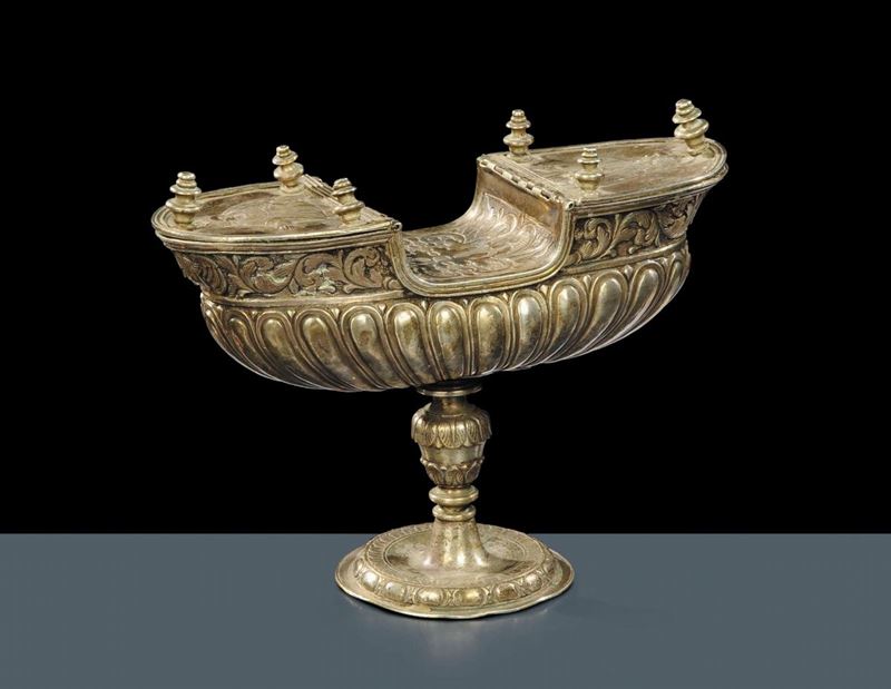Navicella in argento con corpo baccellato, Napoli XVI secolo  - Asta Antiquariato, Argenti e Dipinti Antichi - Cambi Casa d'Aste