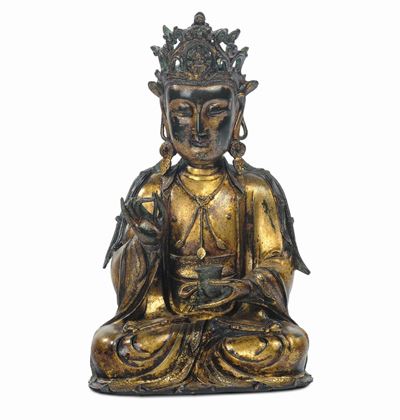 Grande Figura di Lokesvara in Bronzo Dorato, Cina Dinastia Ming, XVI-XVII Secolo