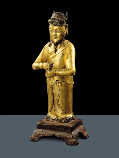 Figura di Dignitario Cinese in Bronzo Dorato, Cina XVII-XVIII Secolo