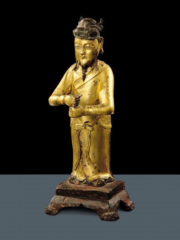 Figura di dignitario cinese in bronzo dorato, Cina XVII-XVIII secolo