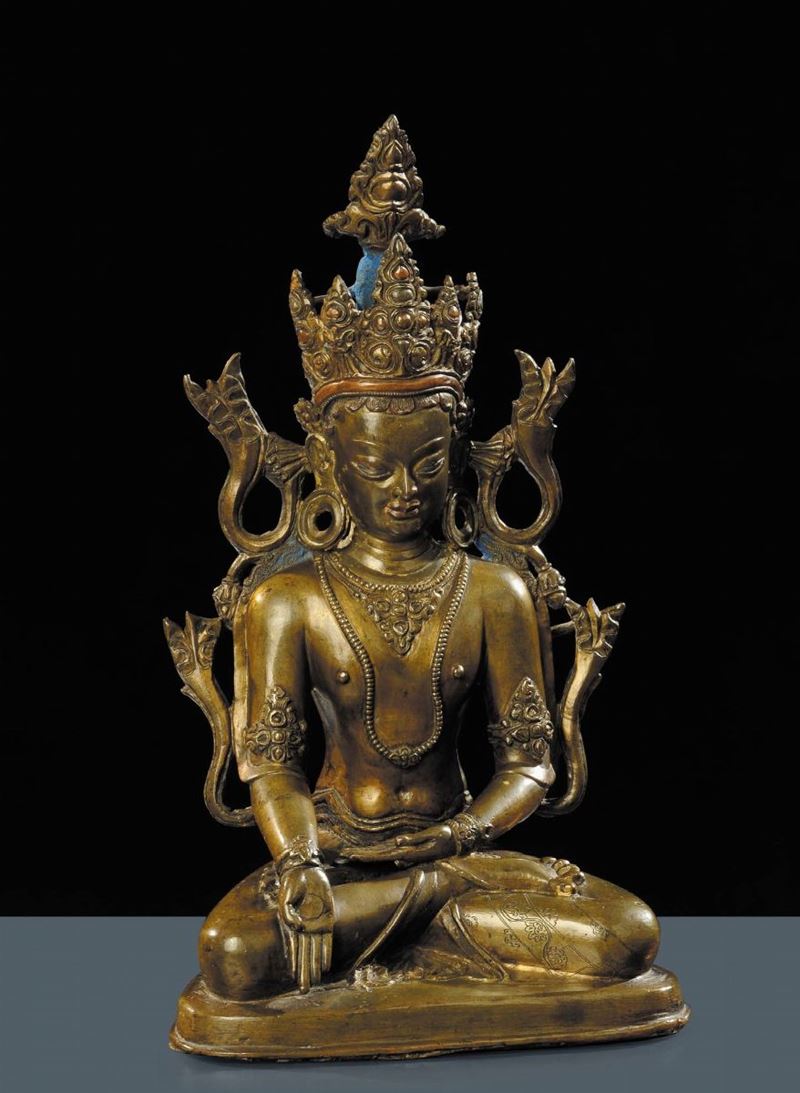 Rara ed importante figura del Buddha incoronato seduto in dynasana, Western Tibet XIII secolo  - Asta Arte Orientale - Cambi Casa d'Aste