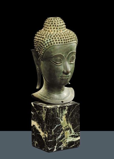 Piccola Testa del Buddha in Bronzo, Thailandia Epoca Ayudhya XVI-XVII Secolo