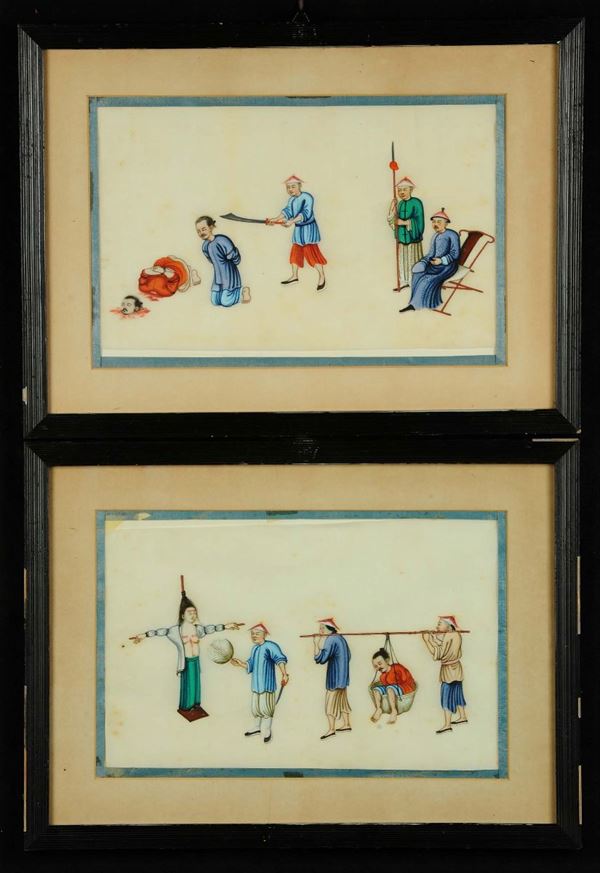 Coppia di dipinti su carta di riso, Cina XX secolo