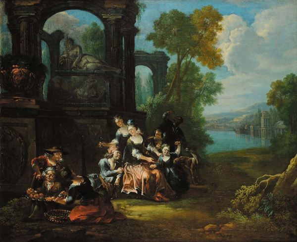 Jan Weenix (1640-1719) Paesaggio con architetture classiche e figure