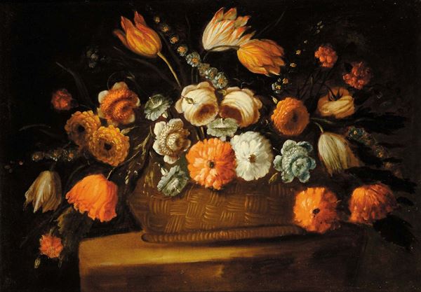 Scuola Romana del XVII secolo Natura morta con cesto di fioriNatura morta con cesto di fiori