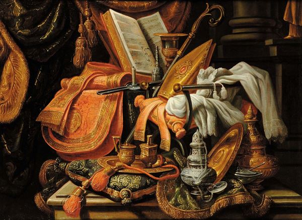 Antonio Tibaldi  (Roma 1635-1675 ca.) Natura morta con paramenti episcopali