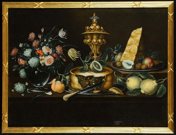 Scuola Olandese del XVIII secolo Natura morta con tavola imbandita e fiori