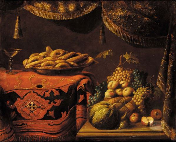 Pier Francesco Cittadini (1616-1681) Natura morta con frutta e tappeto