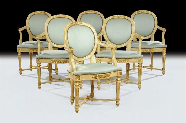 Sei poltrone Luigi XVI laccate e dorate, inizio XIX secolo