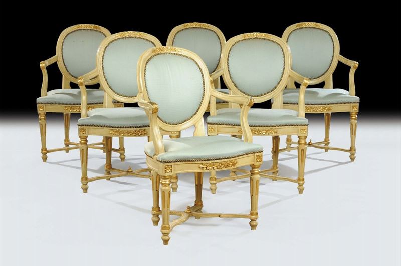 Sei poltrone Luigi XVI laccate e dorate, inizio XIX secolo  - Asta Antiquariato, Argenti e Dipinti Antichi - Cambi Casa d'Aste