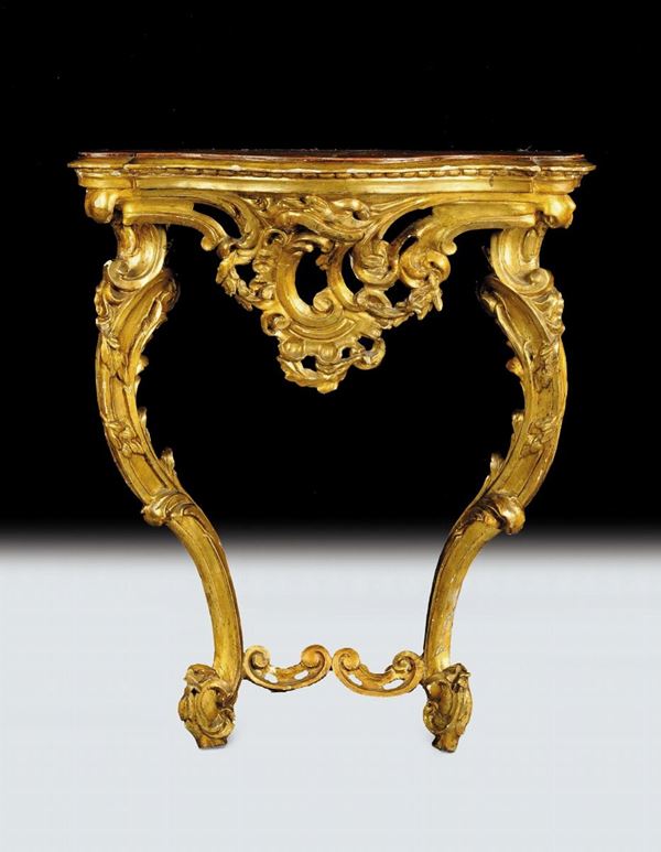 Coppia di console Luigi XV in legno intagliato e dorato, fine XVIII secolo