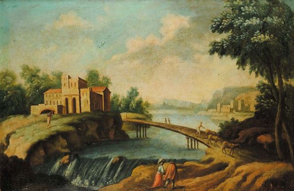 Scuola della fine del XVIII secolo Paesaggio con figure e ponte