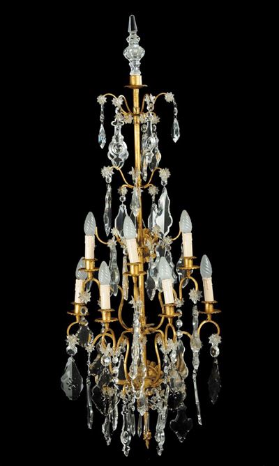 Coppia di Appliques a Sei Luci in Metallo Dorato e Cristallo Inciso, XIX Secolo