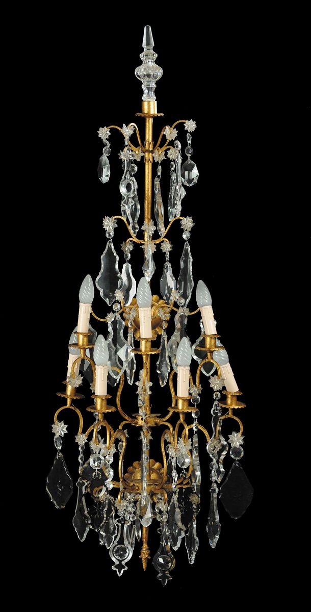 Coppia di Appliques a Sei Luci in Metallo Dorato e Cristallo Inciso, XIX Secolo