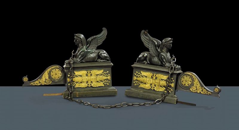 Coppia di alari Impero in bronzo dorato e brunito, XIX secolo  - Asta Antiquariato, Argenti e Dipinti Antichi - Cambi Casa d'Aste