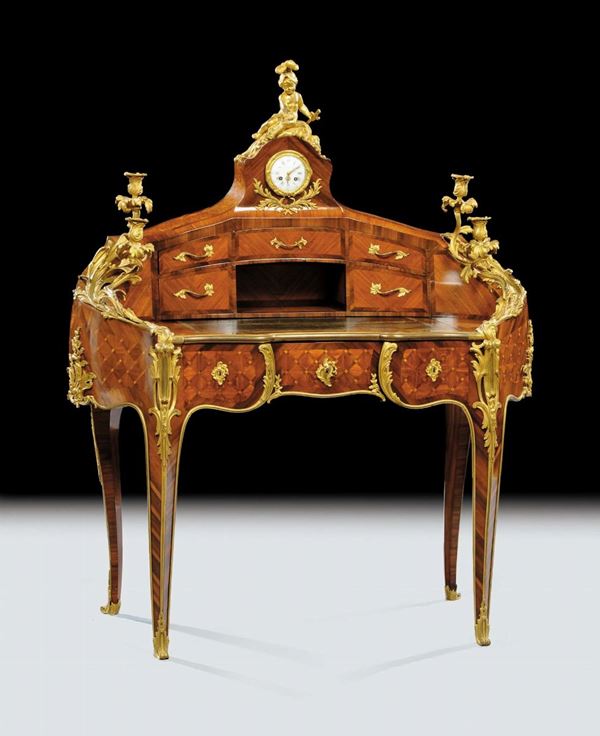 Scrittoio da centro interamente lastronato a marqueterie in bois de rose e bois de violette, Theodore Millet,  Francia XIX secolo