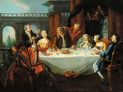 Pietro Longhi (1702-1785), Ambito Dibanchetto con Personaggiscena con Personaggi e Architetture