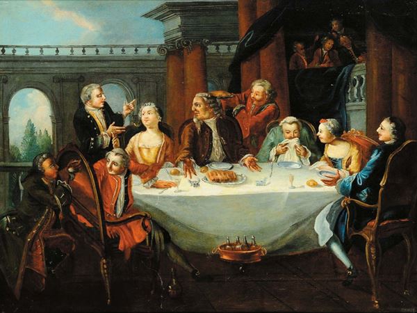Pietro Longhi (1702-1785), ambito di Banchetto con personaggiScena con personaggi e architetture