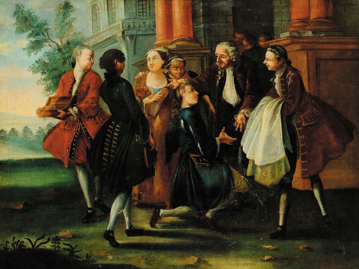 Pietro Longhi (1702-1785), Ambito Dibanchetto con Personaggiscena con Personaggi e Architetture