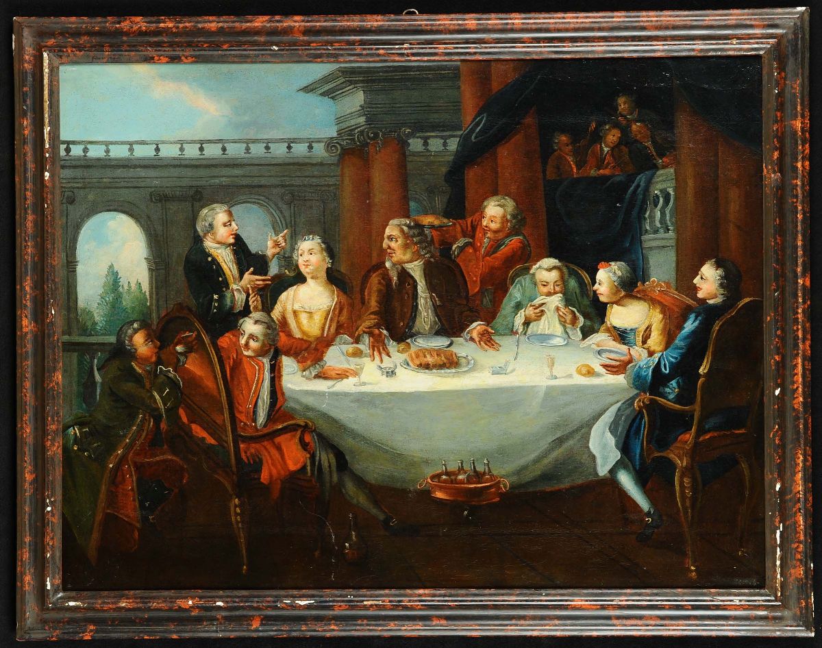 Pietro Longhi (1702-1785), Ambito Dibanchetto con Personaggiscena con Personaggi e Architetture