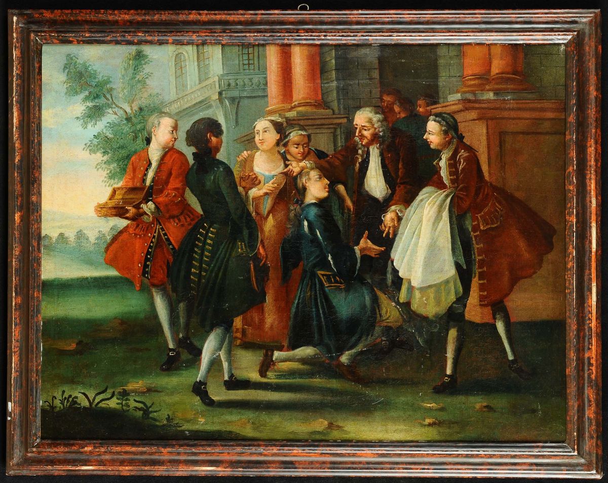 Pietro Longhi (1702-1785), Ambito Dibanchetto con Personaggiscena con Personaggi e Architetture