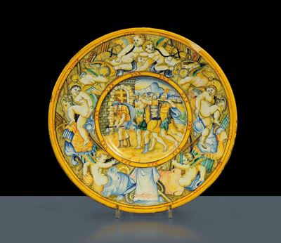 Piatto in Maiolica Policroma, Urbino Fine XIX Secolo