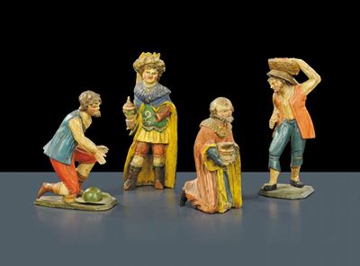 Quattro Piccole Sculture in Legno Intagliato e Laccato in Policromia, Venezia XIX Secolo