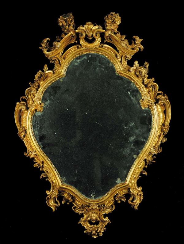 Piccola specchiera Luigi XV in legno intagliato e dorato, Genova XVIII secolo