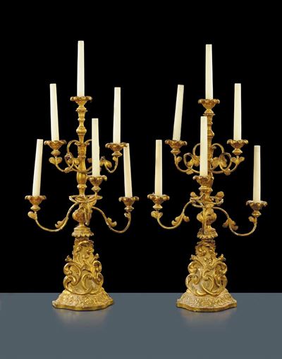 Coppia di Girandole a Sei Luci in Legno Intagliato e Dorato, Genova XIX Secolo