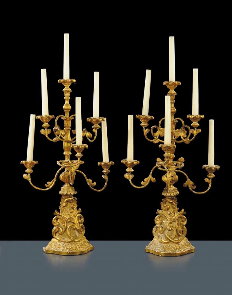 Coppia di girandole a sei luci in legno intagliato e dorato, Genova XIX secolo  - Auction Antiquariato, Argenti e Dipinti Antichi - Cambi Casa d'Aste