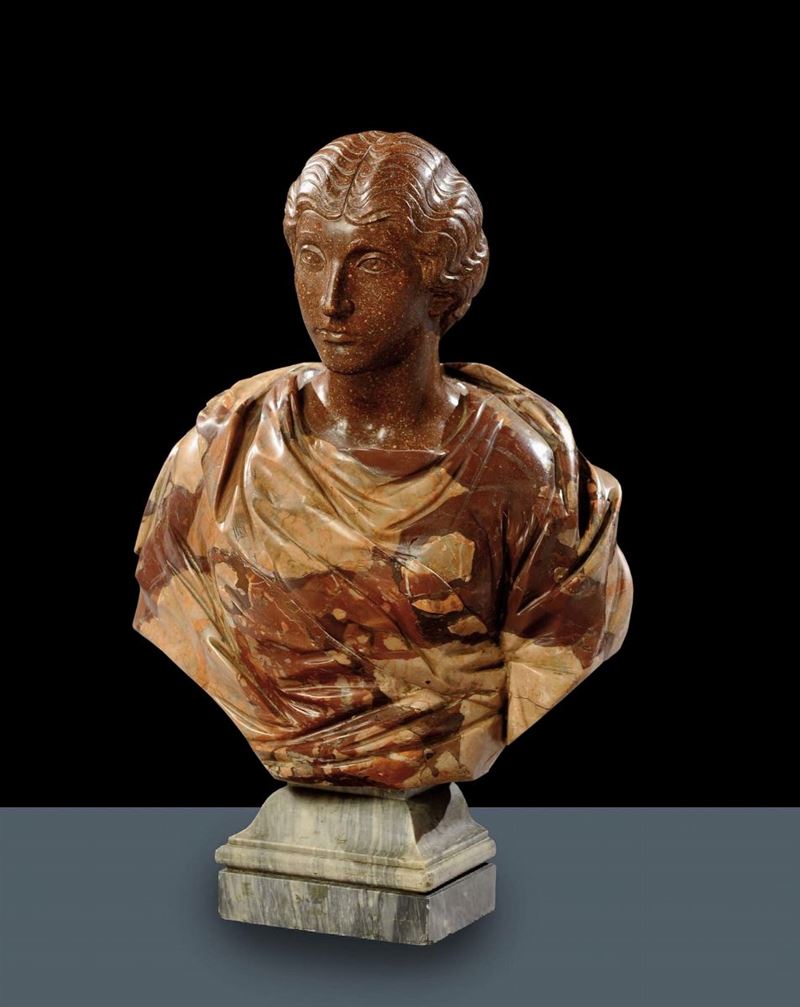 Busto in marmo policromo con testa in porfido, XIX secolo  - Asta Antiquariato, Argenti e Dipinti Antichi - Cambi Casa d'Aste